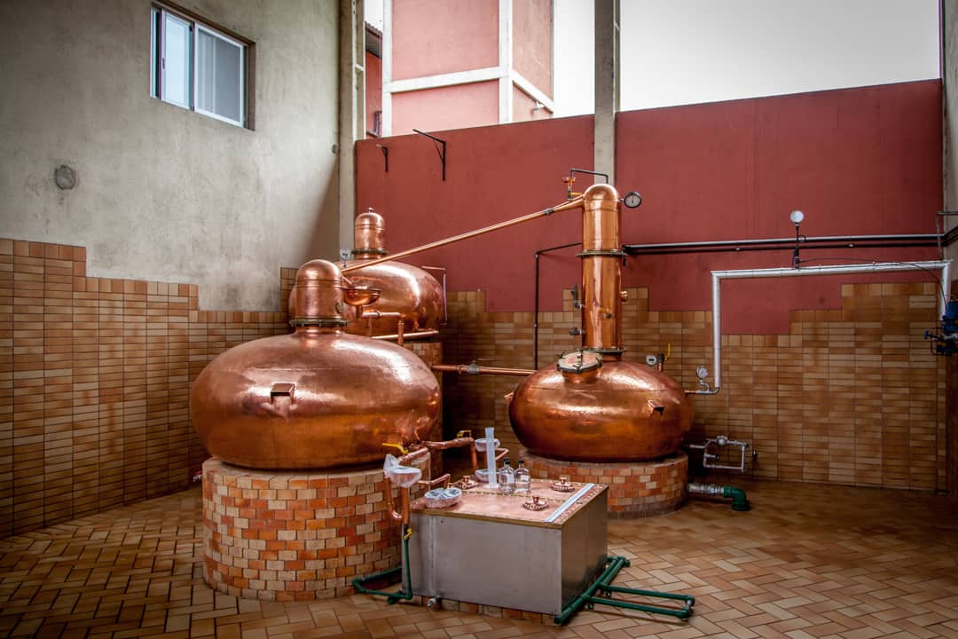 The copper pot stills at the distillery.